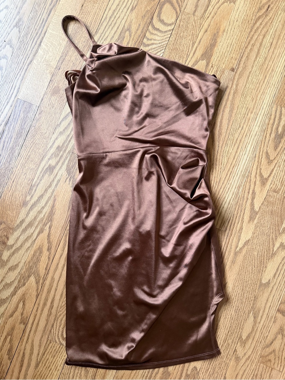 One-Shoulder Satin Slip Dress in Brown